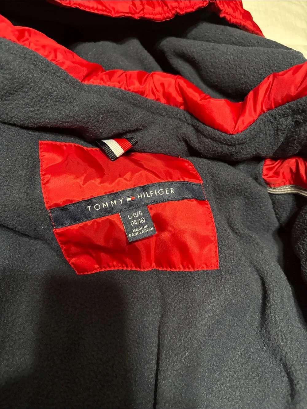 Tommy Hilfiger Red Hooded Puffer Jacket with Navy & White Stripes